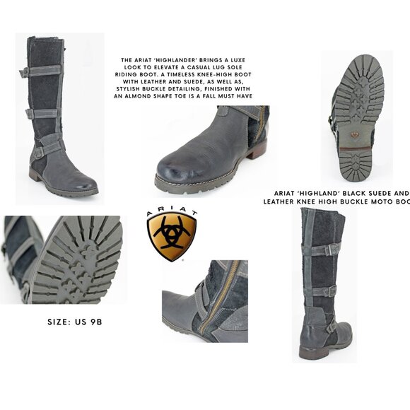Ariat ‘Highland’ Black Suede and Leather Knee High Buckle Moto Boots - Picture 1 of 7